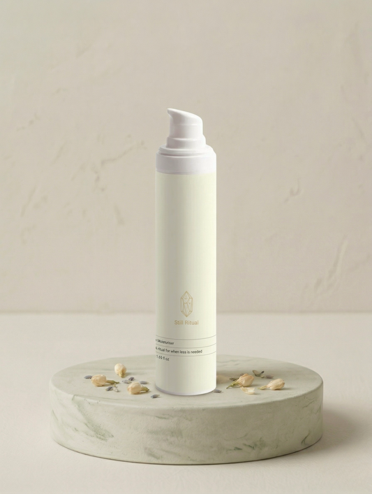 White bottle with a white cap on a round stone surface against a light beige background