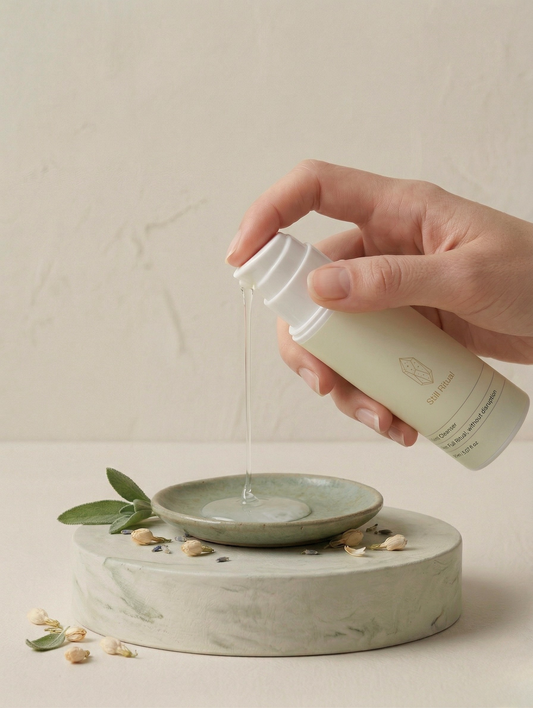 Hand pouring liquid from a bottle into a small dish on a marble surface with a neutral background