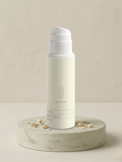 Skincare bottle with a white cap on a beige background