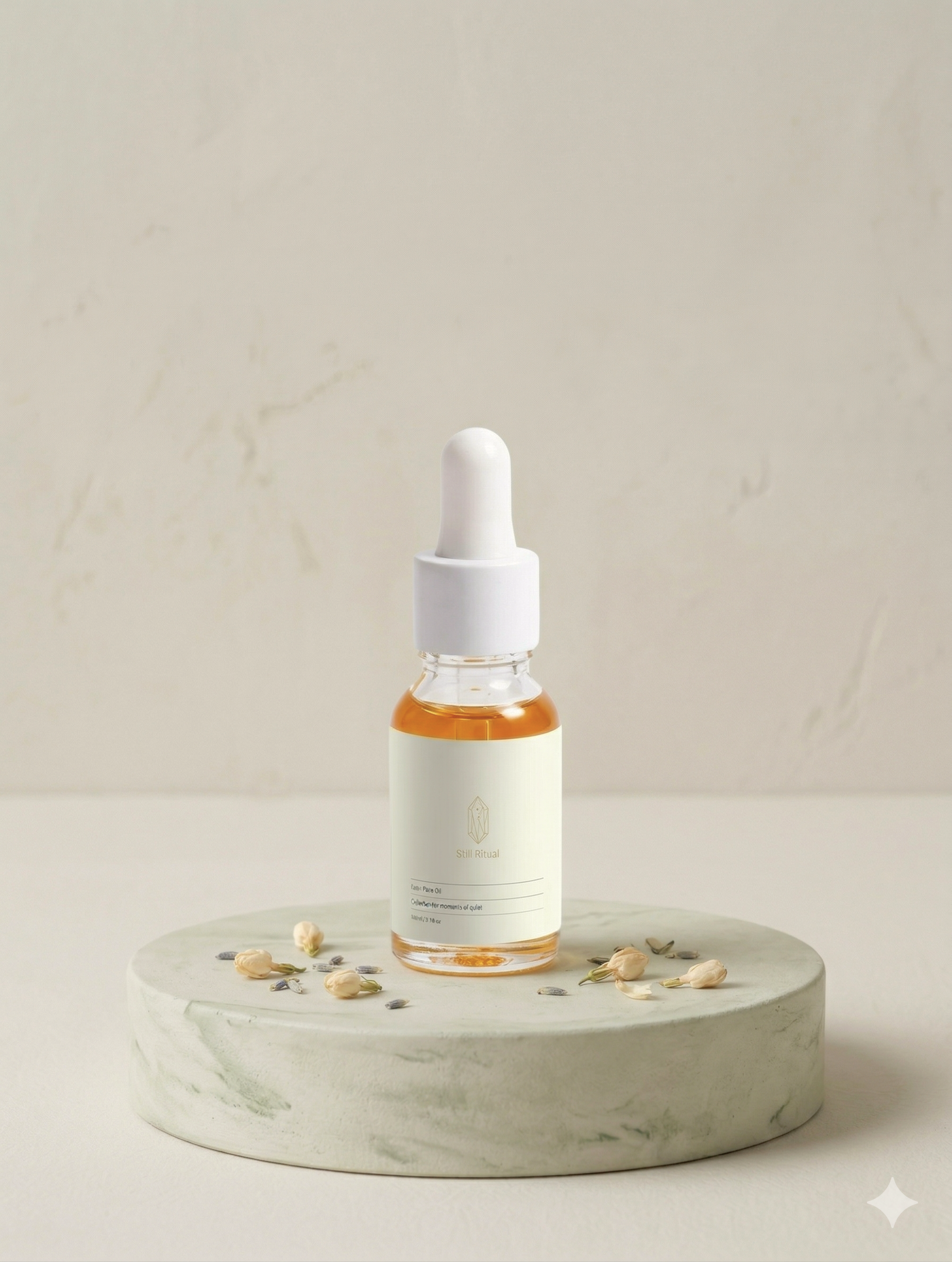 Skincare dropper bottle with a white cap on a beige background