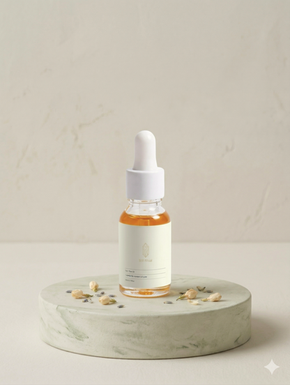 Skincare dropper bottle with a white cap on a beige background