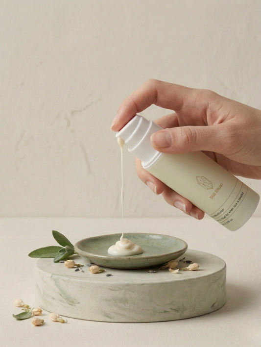 Hand pouring cream from a bottle onto a dish with a neutral background