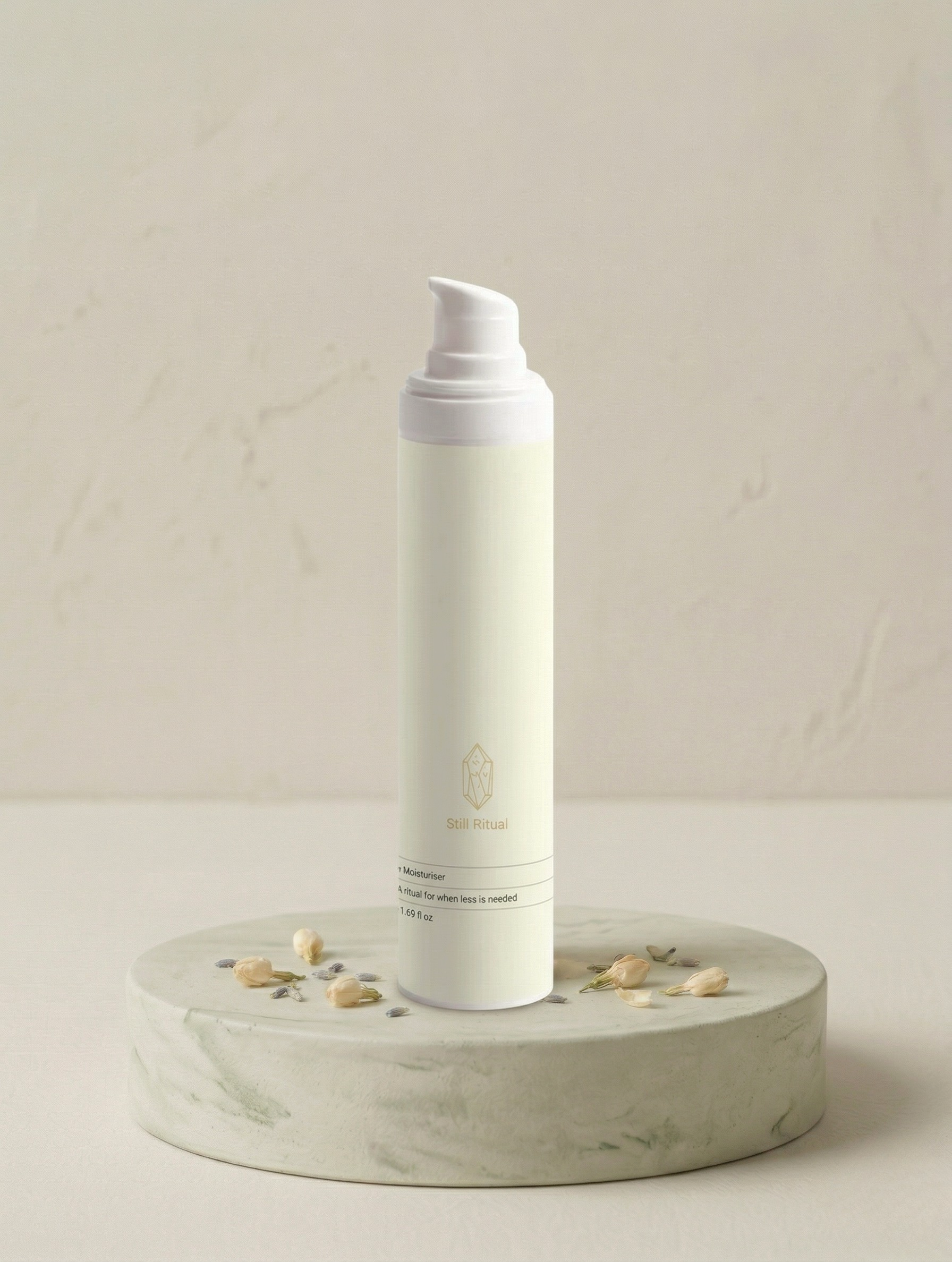 White bottle with a white cap on a round stone surface against a light beige background