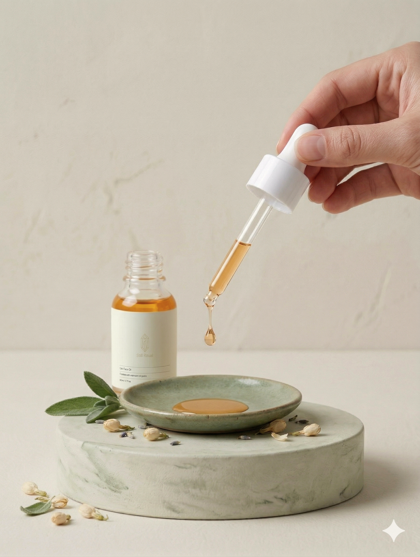 Hand holding a dropper with a small bottle of oil on a stone surface.