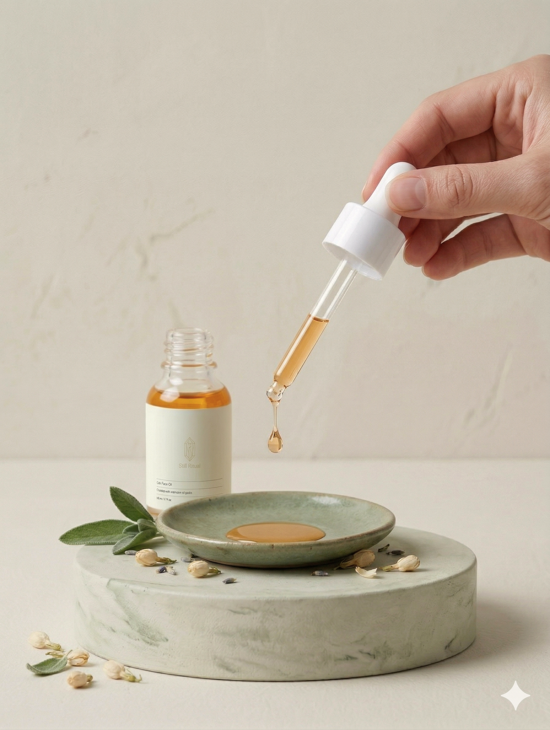 Hand holding a dropper with a small bottle of oil on a stone surface.