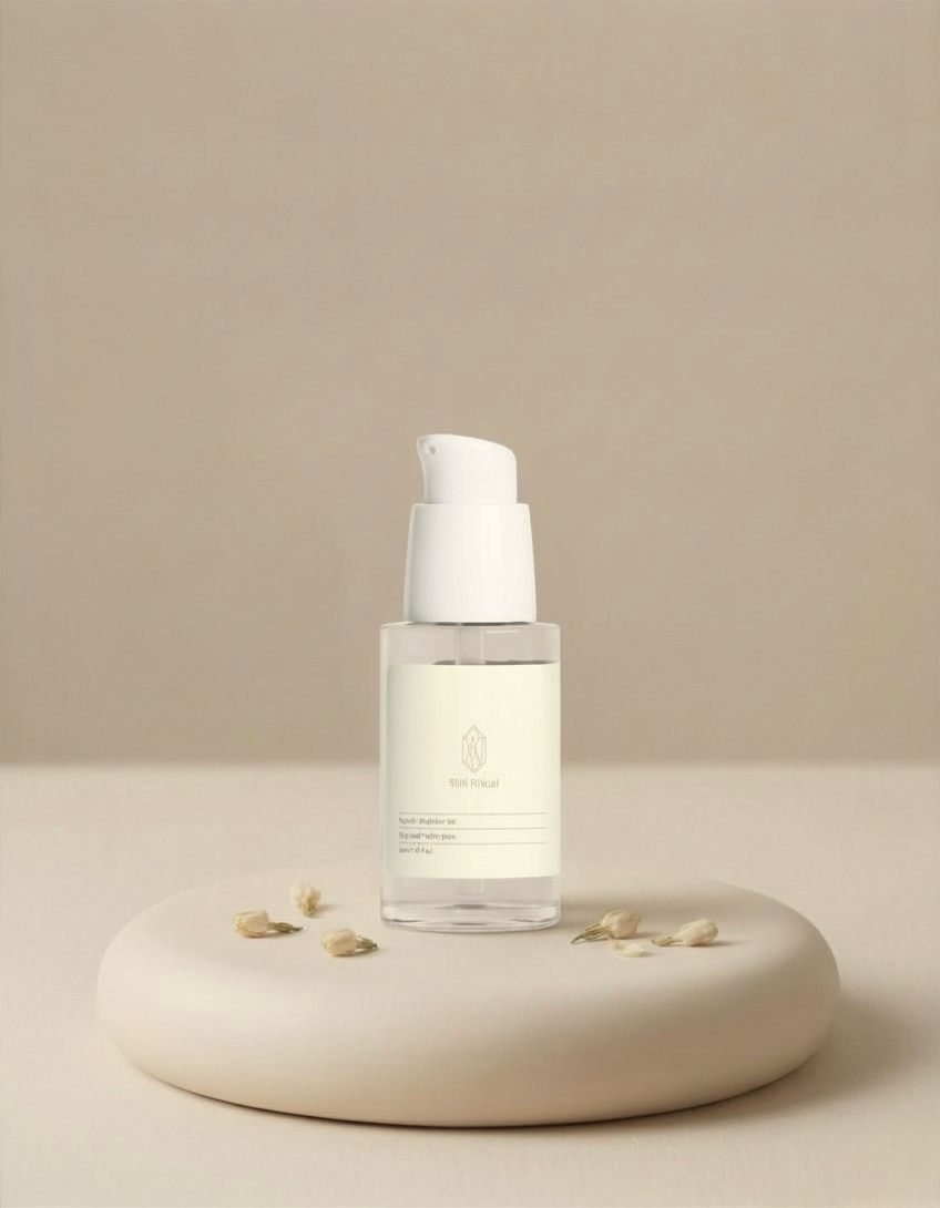 Skincare bottle with white cap on a beige surface and background