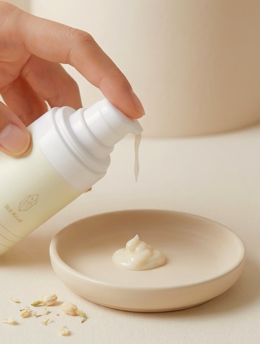Hand pouring cream from a bottle onto a small dish with a light background