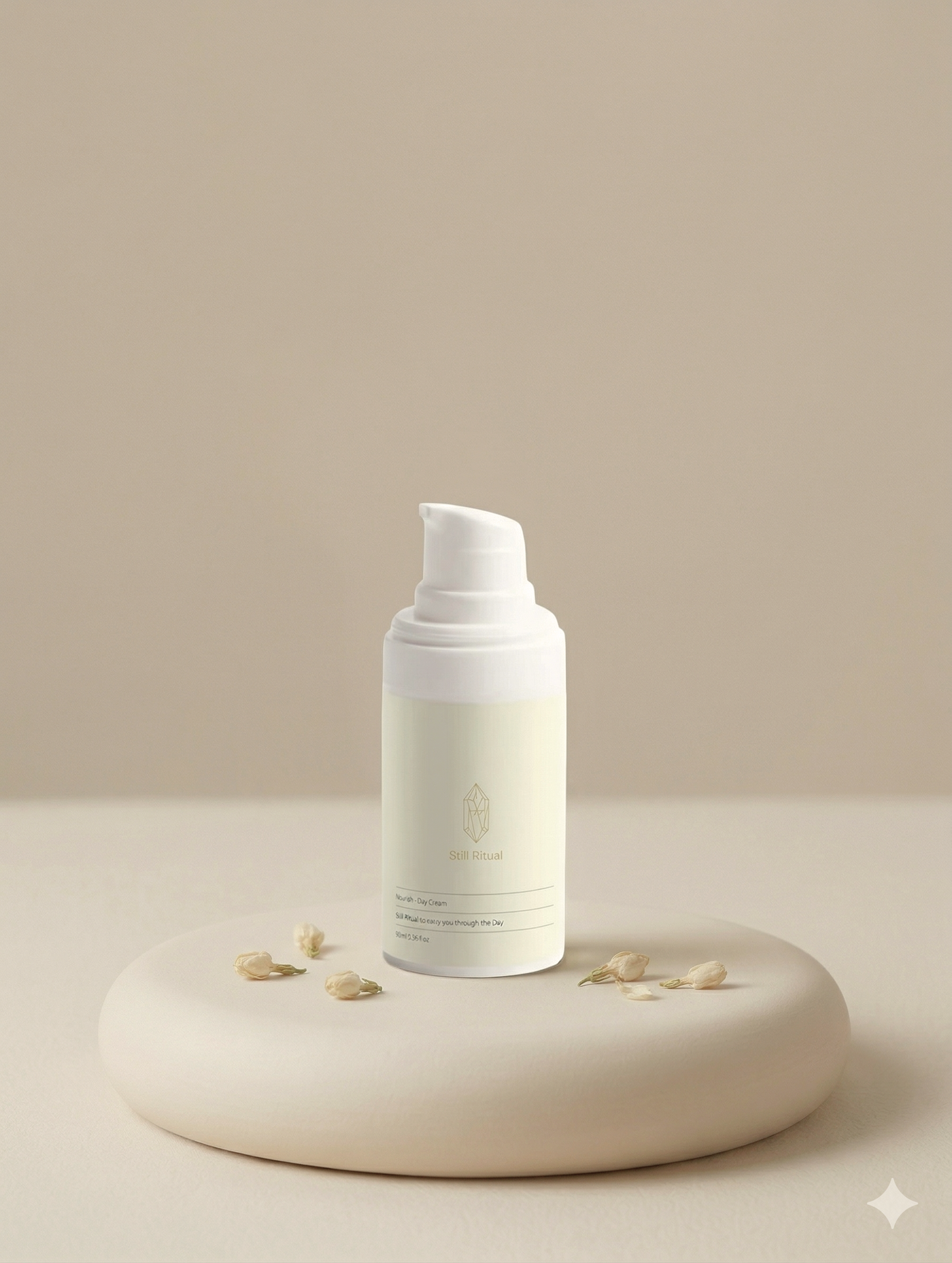 Skincare bottle on a beige platform with a neutral background
