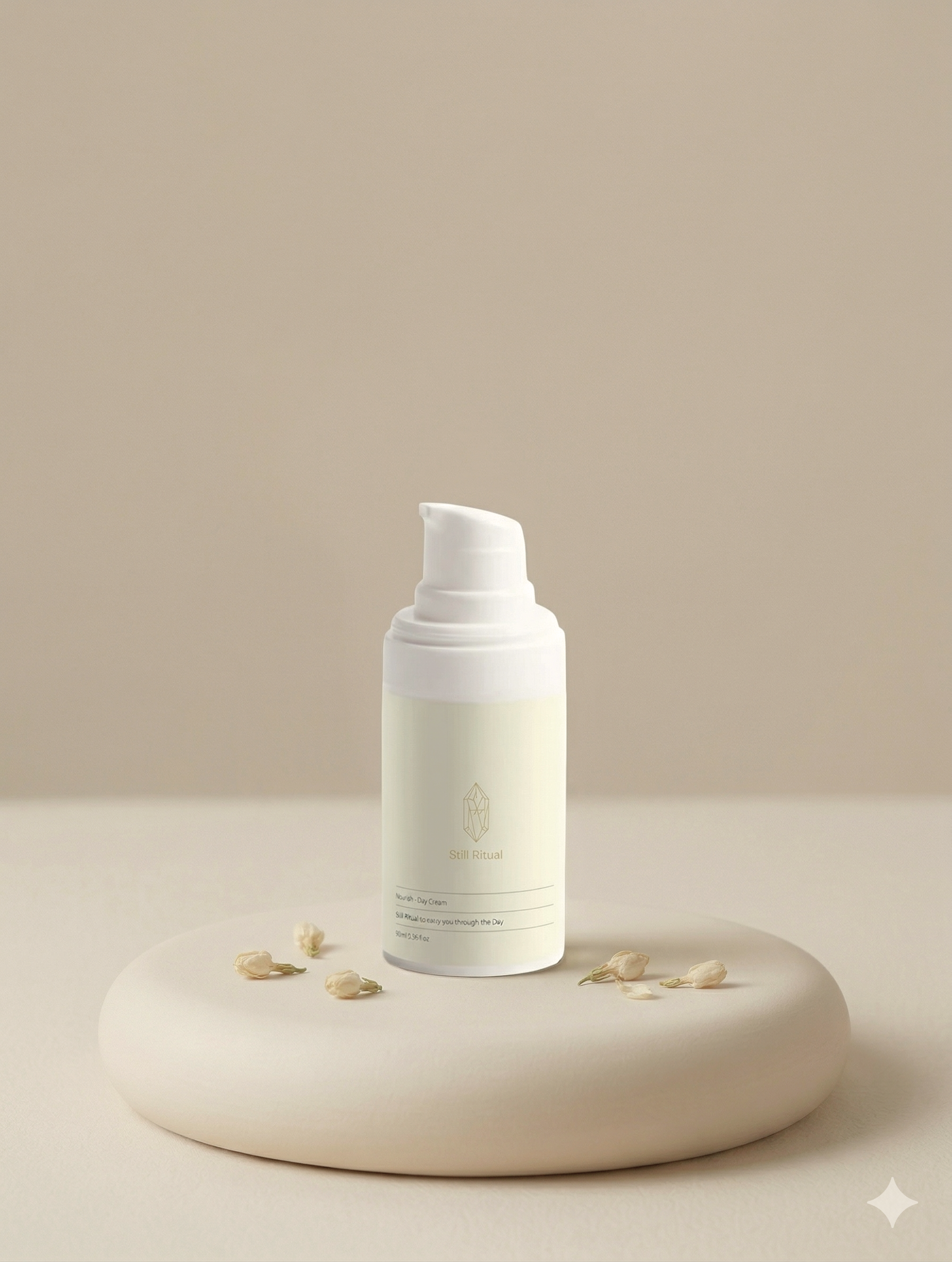 Skincare bottle on a beige platform with a neutral background