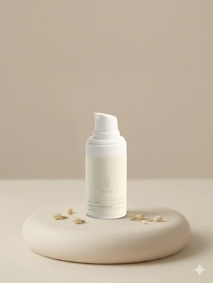 Skincare bottle on a beige platform with a neutral background