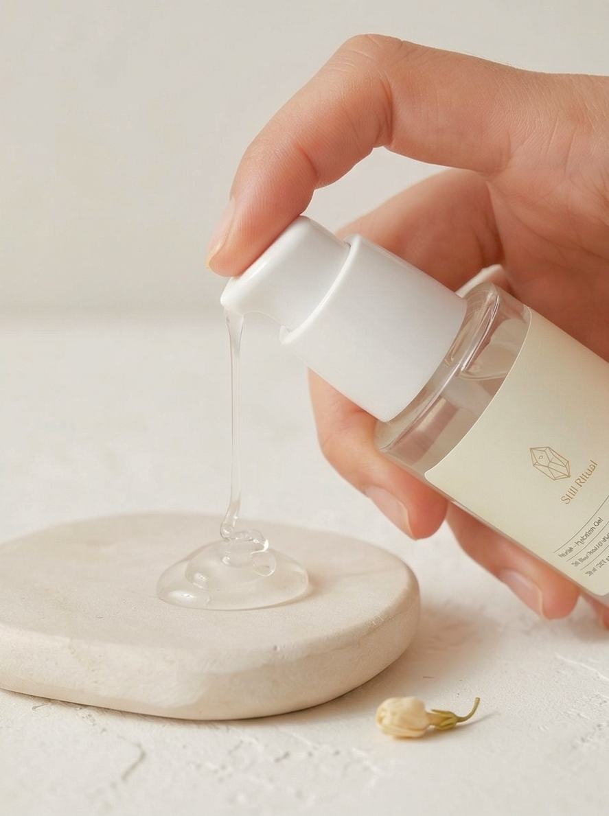 Hand holding a skincare product bottle with dropper over a white surface