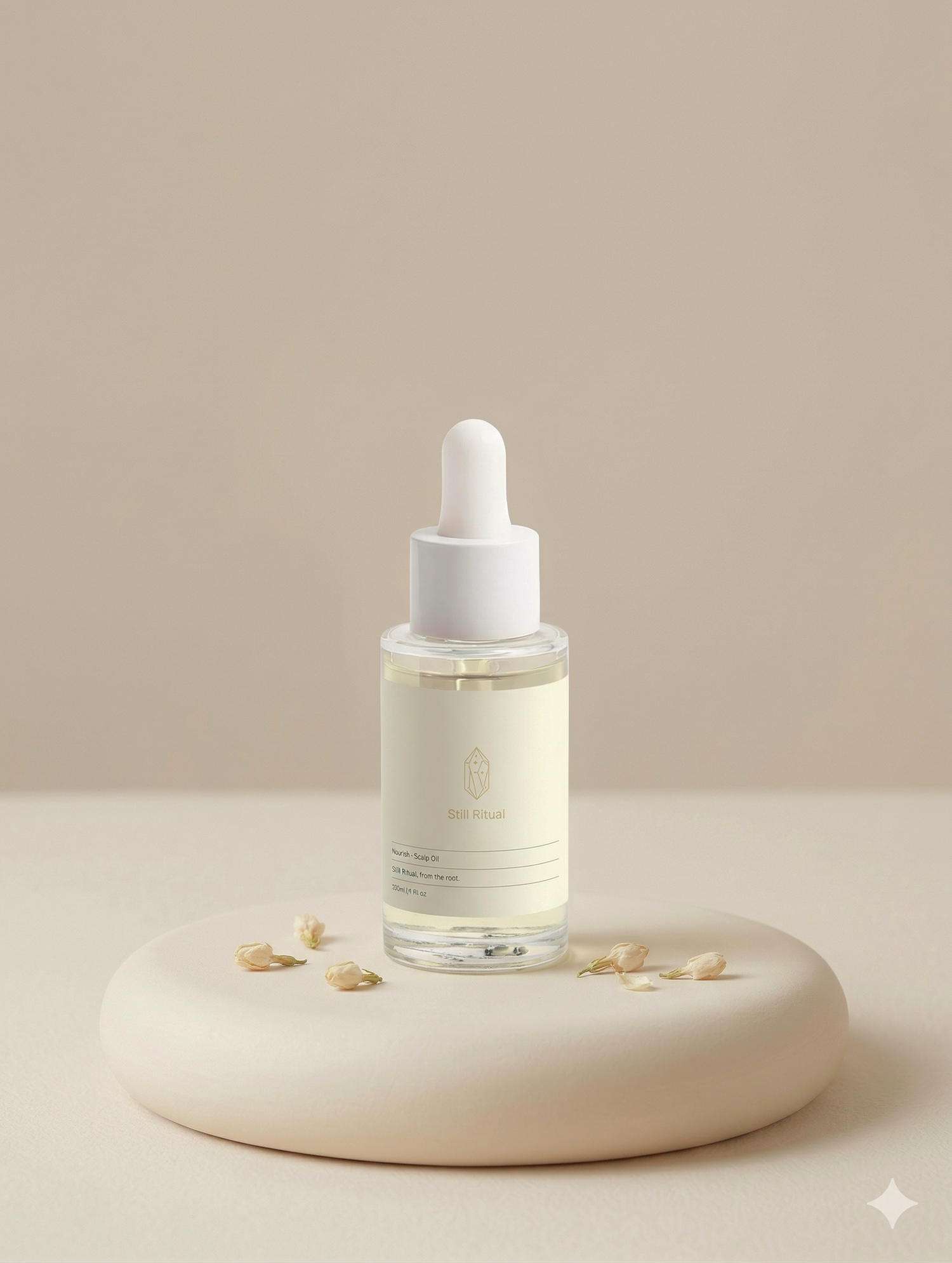 Skincare dropper bottle with a beige background