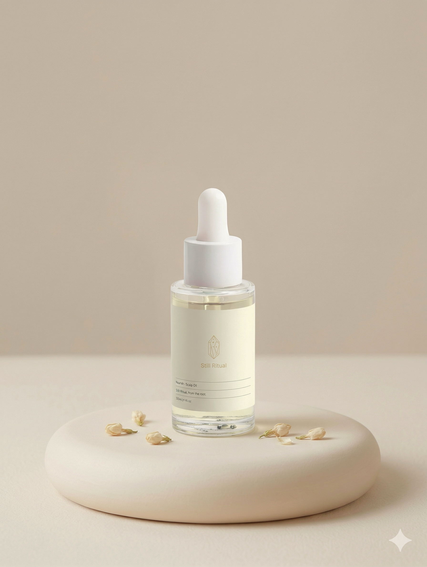 Skincare dropper bottle with a beige background